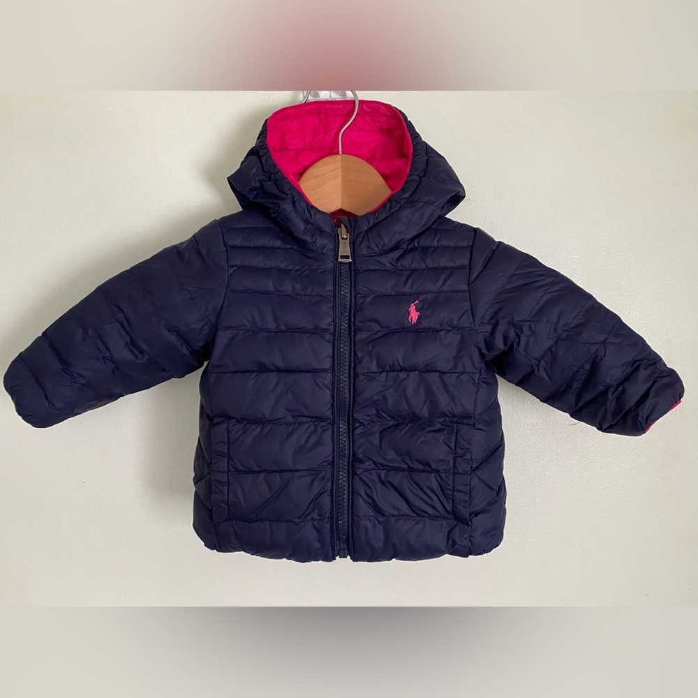 Ralph Lauren Reversible Quilted Hooded Jacket Coat 9M Pink Navy Blue Winter Snow